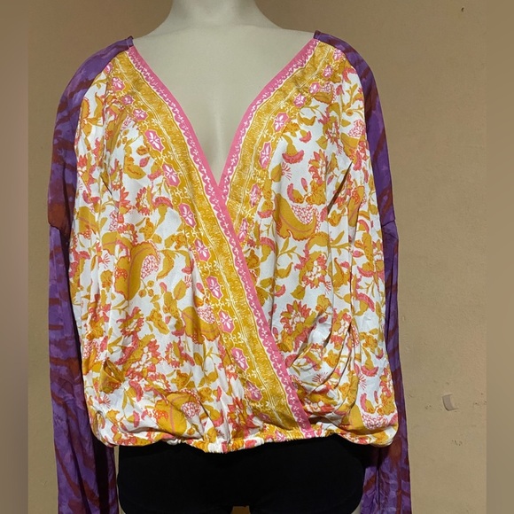 Free People Wrap Blouse in Orange and Yellow with Long Sleeves - Picture 6 of 14